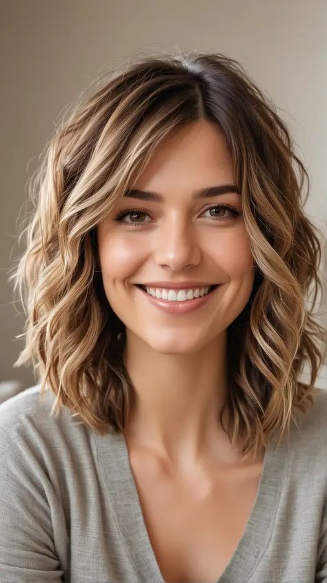 Women Mid Length Hair, Mid Length Bob With Layers Over 50, Wavy Angled Bob Medium, Medium Length Hair With Layers Square Face, Hair For Round Face Shape Medium Length, Short Hairstyle Women With Side Bangs, Shoulder Length Hair Styles Curly, Bangs Hairstyles Wavy Hair, Plus Size Mid Length Hair