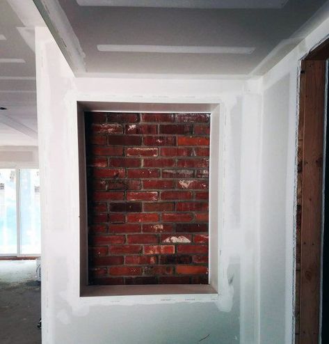 Interior Designs Recessed Wall Niche With Brick Wall Finish Brick Niche Wall, Large Art Niche Decorating Ideas, Hallway Niche Ideas Entryway, Kitchen Wall Niche, Ideas For Niches In Walls, Recessed Wall Niche Ideas Entryway, Shallow Wall Niche Ideas, Recessed Wall Decor, Wall Niche Ideas Entryway