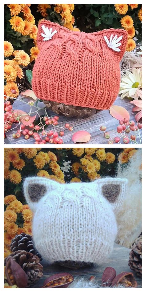 Knit Fox Ears/Cat Ears Beanie Hat Knitting Pattern Cat Ears Beanie, Knit Fox, Cat Hat Pattern, Crochet Cat Hat, Cat Eared Beanie, Baby Hat Knitting Pattern, Knitting Patterns Free Hats, Hat Knitting Pattern, Bonnet Crochet