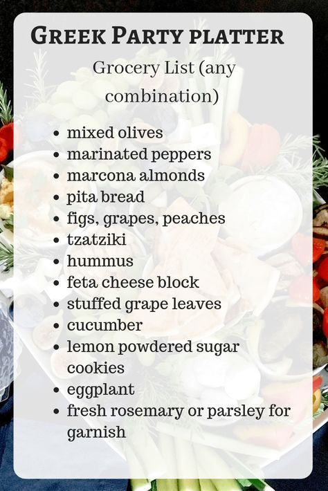 Easy GREEK PARTY Platter And MORE for Casual Entertaining. It's just about assembly! #partyplatter #appetizer #cheeseboard #charcuterie #hummus horsd'oeuvres appetizers #partyfood Greek Platter, Greek Food Party, Greek Party Theme, Greece Party, Powdered Sugar Cookies, Greek Party, Goddess Party, Greek Christmas, Greek Dinners