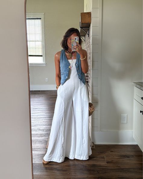 Kamora One-Piece curated on LTK Cute Salon Outfits, Denim Vest Boho Outfit, Denim Vest Country Outfit, Denim Vest Western Outfit, Casual High-waisted Summer Denim Vest, Mexico Aesthetic Outfits, White And Denim Outfits, Women’s Summer Western Outfits, Jean Vest Outfit