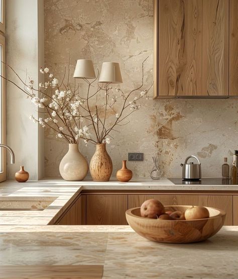 Neutral Tones Home, Light Home Design, Kitchen Ideas Stone Countertops, Non White Kitchen Countertops, Stone Wood Kitchen, Light Wood Kitchen Countertops, U Style Kitchen, Light Wood Color Palette, Muted Neutral Color Palette