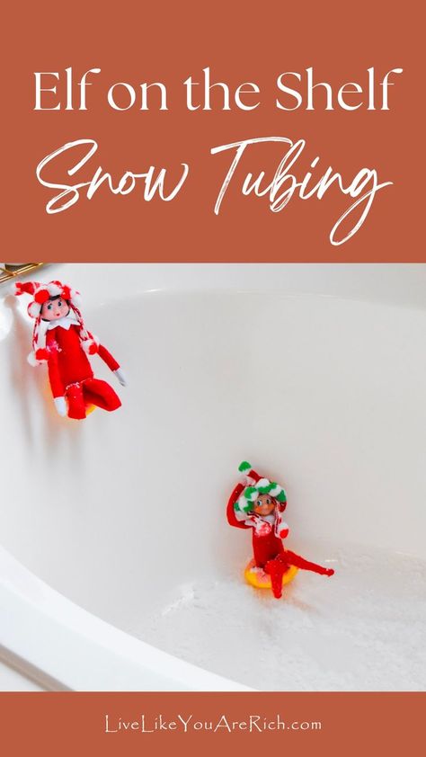 Our Elf on the shelf sibling due went snow tubing in our bathtub. This Elf on the Shelf: Snow Tubing scene was so fun and it looked like it was pretty easily put together— although it did require about 30 minutes to get the illusion cord and snow all set. Elf On The Shelf Snow, Snow Tubing, Faux Snow, Having A Blast, Favorite Pins, On The Shelf, Sled, Elf On The Shelf, 30 Minutes