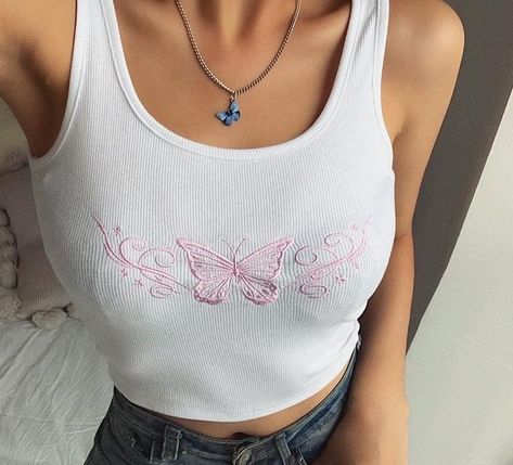 Butterfly Print Crop Top | Butterfly Print Vest | Sleeveless Top | Women Streetwear Tops | Summer Casual Vest | White Mini Vest Crop Tops Vintage Aesthetic Outfits, Vest Streetwear, Aesthetic Outfits Y2k, Basic Crop Tops, Embroidery Butterfly, Butterfly Tank Top, Vest Crop Top, Embroidered Crop Tops, Womens Sleeveless Tops