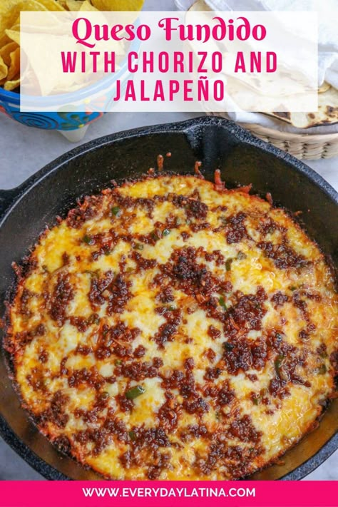 Choriqueso (Chorizo Queso Fundido) Chorizo Cream Cheese Dip, Quest Fundido With Chorizo, Chorizo Cheese Dip Recipes, Chorizo Fundido Dip, Choriqueso Recipe, Queso With Chorizo, Queso Fundido With Chorizo, Chorizo Queso Dip, Queso Fundido Recipe