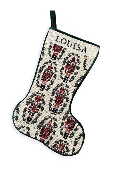 Finished Needlepoint Stocking — Nutcrackers | Over The Moon Christmas Stockings Needlepoint, Christmas Stocking Needlepoint, Needlepoint Stocking Patterns, Traditional Christmas Stocking, Needle Point Stocking, Vintage Christmas Stockings Ideas, Needlepoint Stockings Christmas, Christmas Stockings Crochet, Christmas Stockings Ideas