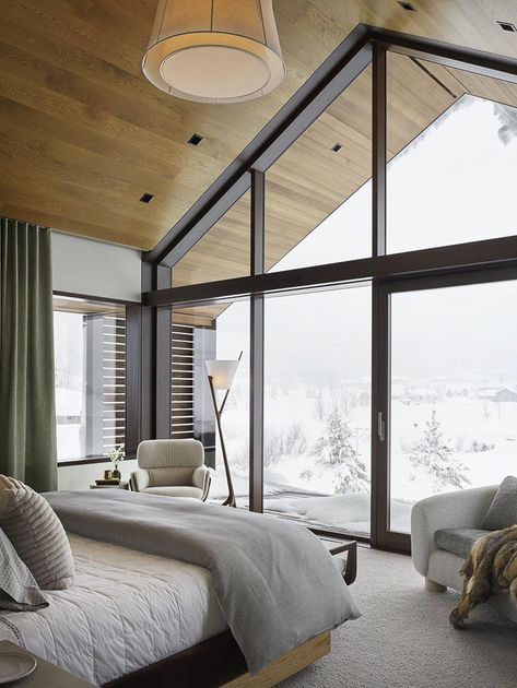 Serene mountain getaway nestled at the base of majestic Teton Range #bedroom #window #view Casa Wabi, Unique Floor Plans, Modern Mountain, Hus Inspiration, Modern Cabin, Bedroom Suite, Barn House, Modernism, Large Windows