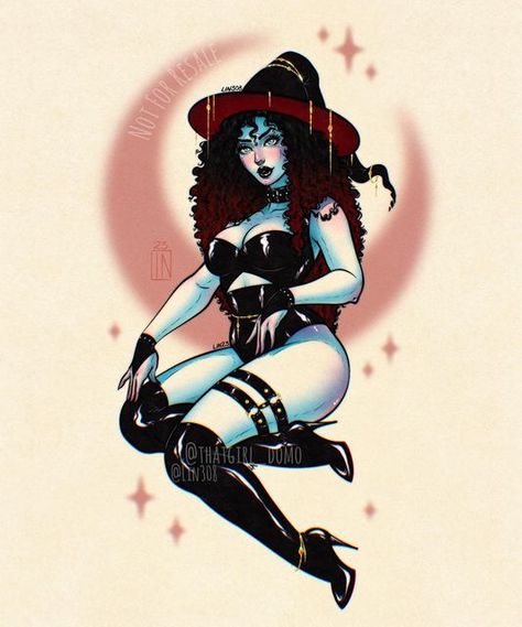 Witch Pinup Art, Yokai Illustration, Witch Drawings, Pin Up Girl Tattoos, Vintage Humor Retro Funny, Classic Pinup, Halloween Pin Up, Halloween Wallpaper Cute, Gothic Fantasy Art