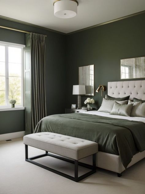 Black And Green And White Bedroom, Black Room With Green Accents, Bedroom Inspirations Forest Green, Black White And Forest Green Bedroom, Black White And Hunter Green Bedroom, Bed Back Wall Painting Design, White Bedroom With Dark Green Accents, Black White And Dark Green Bedroom, Black Headboard Green Bedding