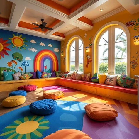 3+ Bright and Inspiring Kids Play Room Decorating Tips • 333+ Images • [ArtFacade] Play And Art Room, Kindergarden Rooms, Play School Decor Ideas, Playing Room Ideas, Daycare Nap Room Ideas, Day Care Ideas Decoration, Play Houses For Kids, Preschool Interior Design, Daycare Decorating Ideas