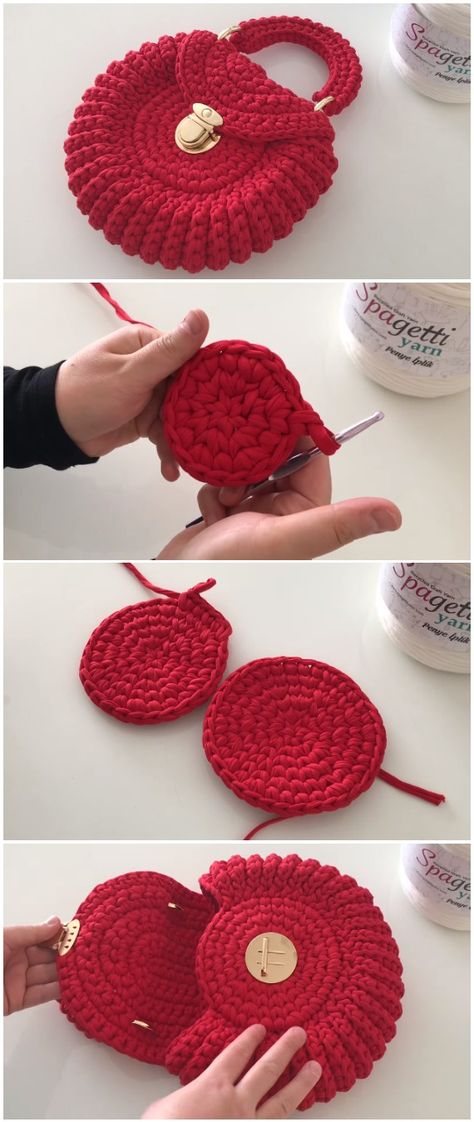 Crochet Easy Round Bag - Love Crochet Crochet Shoulder Bags, Free Crochet Bag, Crochet Bag Tutorials, Crochet Bag Pattern Free, Crochet Handbags Patterns, Handbag Pattern, Crochet Purse Patterns, Crochet Round, Crochet Flower Patterns