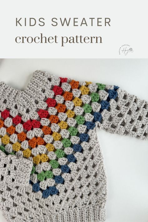 Our simple granny stitch sweater for children- the Granny Stitch adds a touch of vintage yet modern twist to any project.  Our Child Granny Stitch Sweater pattern is designed to be not only adorable but also incredibly easy to make. From babyhood to age 10 to fit chest sizes 17 – 28 inches, this pattern offers sizes for every stage of childhood. Picture your little one wrapped in a rainbow of colourful yarn choices, each stitch filled with love and warmth. Granny Stitch Sweater, Soft Crochet Blanket, Kids Sweater Pattern, Blanket Pattern Crochet, Bobble Stitch Crochet, Crochet Baby Jacket, Granny Stitch, Baby Booties Knitting Pattern, Soft Crochet