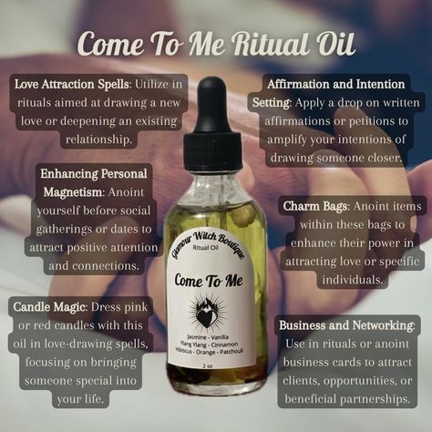 Draw love and attraction into your life with our Come to Me Ritual Oil. Crafted with powerful ingredients to enhance your charm and magnetism, this oil is perfect for love spells and rituals. 💖✨ #ComeToMe #RitualOil #LoveMagic Shop: GlamourWitchBoutique.com #GlamourWitchBoutique #WitchyThings #Witchy #Occult #Crystals #Spirituality #Spells #Paganism #WitchLife #Spiritual #WitchShop #Divination #Witchery #WitchAesthetic #MetaphysicalShop Love Oil Witchcraft, Oils For Witchcraft, Spell Oils, Attraction Oil, Crystals Spirituality, Ritual Oils, Draw Love, Spells And Rituals, Witch Rituals