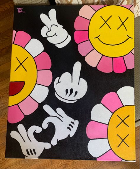 Canvas Art Design Painting Ideas Cartoon, Y2k Painting Ideas, Y2k Painting, Painting Ideas Halloween, Kaws Painting, Pink Canvas Art, Trippy Painting, Arte Van Gogh, Canvas Drawing