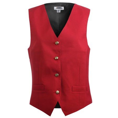 Edwards This ladies' essential polyester vest with textured weave offers a crisp; classic style. Perfect for banquets; restaurants or casinos. Embroiders well. Companion style is #4490 100% Polyester; 6.3 oz. Traditional fit V-neck vest with matching button placket (Red vest comes with Gold buttons) Two functional welt pockets Self fabric back Fully lined Industrial launder or machine washable Ladies' Sizes: XS-3XL Size: XL. Red Vest Suit, Red Waistcoat, Long Outerwear, Faux Coat, Faux Suede Vest, Slim Fit Coat, Mens Suit Vest, Business Formal Dress, Red Vest