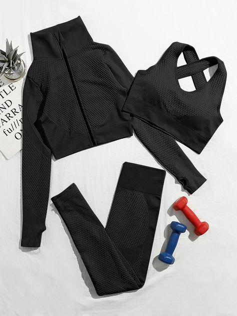 Black   Long Sleeve Nylon Plain Leggings Embellished High Stretch All Women Activewear Sports Bra Outfit, Athletic Wear Womens, Plain Leggings, Sports Outfit, Fitness Wear Outfits, Gym Leggings, Black Sports Bra, Sports Jacket, Women Set