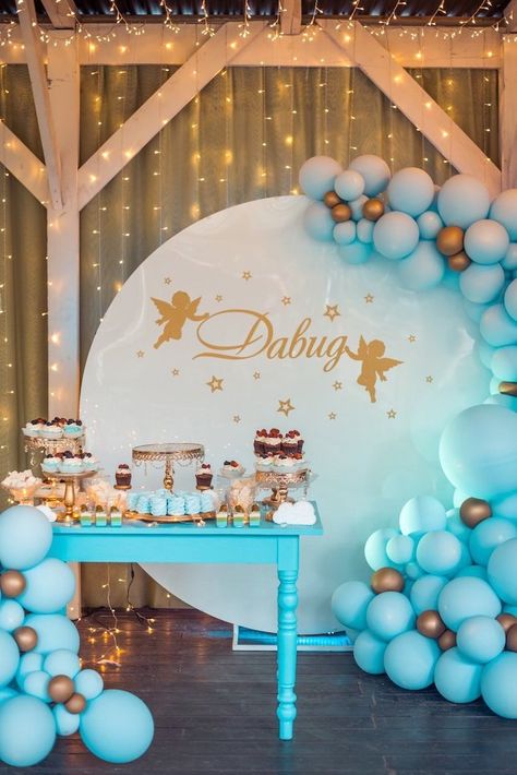 Gold + Blue Star Themed Dessert Table from a Dreamy Wish Upon a Star Christening Party on Kara's Party Ideas | KarasPartyIdeas.com (12) Birthday Party Paper Decorations, Christening Themes, Boys 1st Birthday Cake, Pretty Balloons, Christening Decorations, Boys First Birthday Party Ideas, Christening Party, Wish Upon A Star, Girl Birthday Decorations