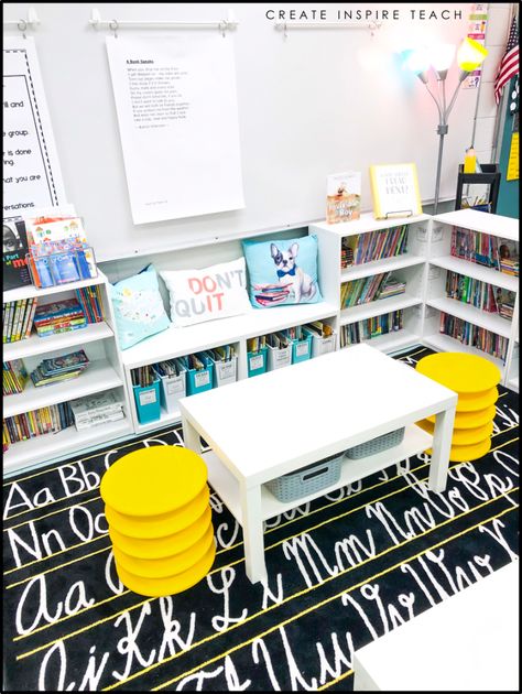 Classroom Library Seating, Yellow Classroom, Lemon Classroom, Classroom Seating Arrangements, Teaching Hacks, Flexible Seating Classroom, Classroom Arrangement, Farmhouse Classroom, Reading Center