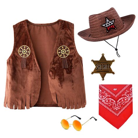 PRICES MAY VARY. All-in-one Cowboy Getup(5 PCS Set):Giddy up in style with our cowboy Ensemble! This set has all you need: a rugged denim vest, a classic cowboy hat, a solid-metal sheriff's badge, a bandana, and slick sunglass. Cowboy Vest: Fashioned from high-quality polyester, this versatile piece strikes the perfect balance between cowboy chic and everyday practicality. Built to complement your western-inspired look while seamlessly transitioning into your daily wardrobe. Sheriff's Badge: Cra Toddler Cowboy Costume, Western Vests, Cowboy Vest, Trick Or Treat Costume, Cowboy Chic, Western Vest, Sheriff Badge, Cowboy Costume, Classic Cowboy