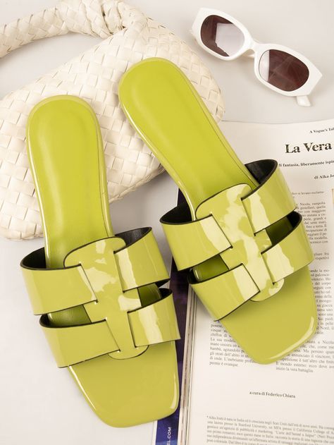 Lime Green Fashionable Collar   Plain Slides Embellished   Women Shoes Slippers Design, Female Slippers, Women Flat Sandals, Verde Lima, Two Strap Sandals, Shoes Shopping, Fashion Slippers, Designer Slippers, Shoe Shop