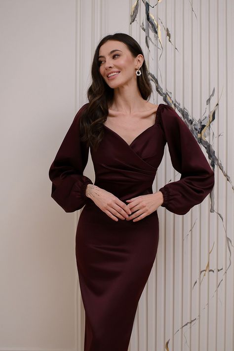 Enter a state of luxury with the Bordeaux Satin Puff-Sleeve Midi Dress by ELAGIA. The rich Bordeaux hue and graceful puff sleeves add a touch of sophistication, ensuring a chic and refined appearance. #bordeauxdress #satindress #puffsleeves #sophisticatedlook #chicstyle #womensfashion #dresslover #gracefulattire Satin Midi Dress With Sleeves, Dusky Pink Bridesmaid Dresses, Bordeaux Dress, Backless Midi Dress, Houndstooth Skirt, Wear Store, Pink Bridesmaid Dresses, Blouse Sale, Dress Inspo