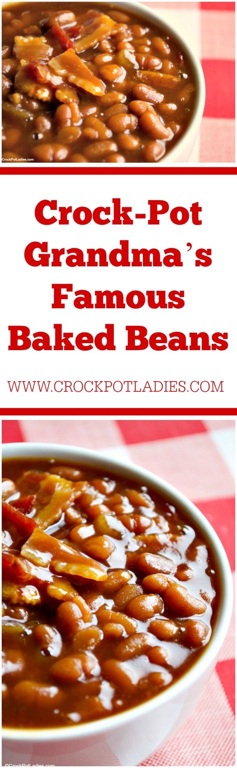 Crock-Pot Grandma's Famous Baked Beans - One of our most popular recipes on the site, this recipe for Crock-Pot Grandma's Famous Baked Beans is simple to make with just 5 ingredients. The addition of bacon makes it delicious! [Gluten Free, Low Calorie, Low Fat & Weight Watchers Friendly!] #CrockPotLadies #CrockPot #SlowCooker #BakedBeans #WeightWatchers #5IngredientsOrLess Crock Pot Baked Beans, Crockpot Baked Beans, Vegetarian Baked Beans, Baked Beans Crock Pot, Slow Cooker Baked Beans, Best Baked Beans, Baked Beans With Bacon, Baked Beans Recipe, Baked Bean Recipes