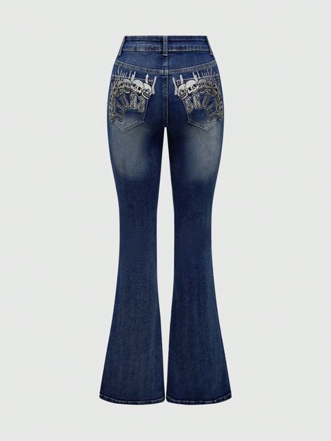 Women's Minimalist Printed Flare Jeans Dark Wash Casual   Denim Graphic,Letter,All Over Print Flare Leg High Stretch  Women Clothing, size features are:Bust: ,Length: ,Sleeve Length: Mexican Jeans, Vintage Flare Jeans, Vintage Flare, Bottom Jeans, Designer Dresses Casual, Y2k Clothes, Jeans Dark Wash, Minimalist Prints, Women Denim Jeans