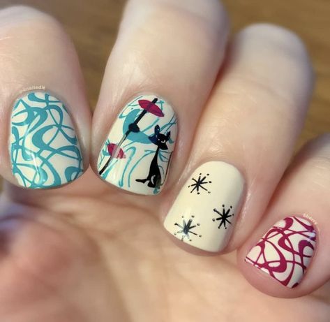 Mid Century Nail Art, Mid Century Modern Nail Art, Mid Century Nails, Mid Century Modern Nails, Atomic Nails, Nail Stamping Ideas, Stamped Nails, Cat Nail Art, Sheer Nails