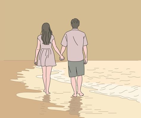 Cartoons Holding Hands, Croquis Couple, Holding Hands Drawing, Walking Cartoon, 블로그 디자인, Beach Sketches, Art Mini Toile, Beach Cartoon, Back Drawing