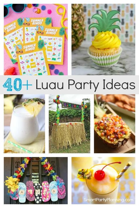 Selection of luau party ideas that can be enjoyed by the whole family. Find simple ideas for food, drinks and decorations to suit a small budget. Kids will love the bright colors and fun party accessories. Hawaiian Food Party Luau Birthday, Diy Luau Party Decorations, Luau Snacks, Adult Luau Party, Kids Luau Parties, Tropical Party Foods, Hawaiian Party Food, Kids Luau, Luau Party Ideas