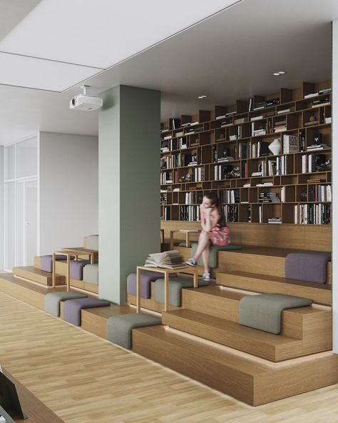 Flexible Learning Spaces, Innovative Classroom Design, Industrial Classroom, Innovative School Design, Tiny Community, Functional Architecture, Classroom Architecture, Public Library Design, Tiered Seating