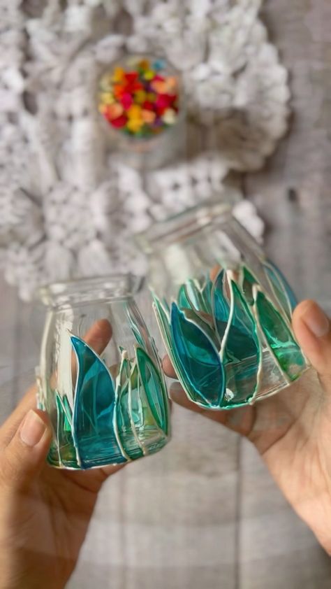 _my_home_diaries on Instagram: If you love to propagate your plants, this DIY glass painting is for those little glass jars 💚💙 . . . . . . . . . #diydiaries #diylove… Stained Glass Jars Diy, Glass Painting Designs On Bottles, Glass Painting Diy, Diy Glass Painting, Stained Glass Bottle, Glass Jars Diy, Painted Glass Bottles, Glass Painting Designs, Glass Bottles Art