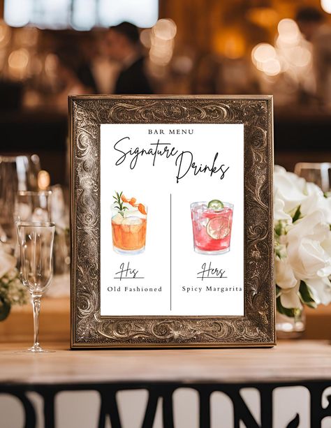 Make your wedding or event bar extra special with this charming "Signature Drinks" sign featuring "His and Hers" drinks favorites! Whether you're mixing a spicy margarita or an old fashioned, this stylish and elegant sign will add a unique touch to your bar station. Perfect for weddings, bridal showers, engagement parties, or any event where fun loving people gather! 💻 Instant Download & Editable: No physical product will be shipped. After purchase, you'll receive an instant download link that link you to customize your own print to print at home or at your favorite print shop. You can easily edit the template to feature your own drink choices and descriptions! 🎨 Fully Customizable: This template allows you to: Swap out the drink images with different drink options such as espresso marti His Hers Drinks Wedding Sign, His Hers Wedding Cocktails, His Her Drinks Wedding, His Hers Drinks Wedding, His And Her Drinks Wedding Bar Signs, His And Hers Cocktails Wedding, His And Her Drinks Wedding, His And Hers Drinks Wedding, Wedding Bar Setup