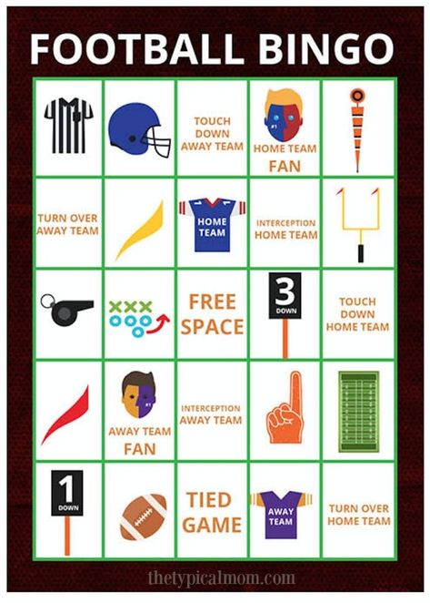 Free and fun games to play at home including this printable football bingo which is perfect for adults and kids alike! Whether you're having a football party or just want a great weekend activity here are 10 activities that will bring you back to your childhood, which ones do you remember? #football #bingo #printables #free #superbowl Football Bingo, Super Bowl Bingo, Football Party Games, Big Games, Football Birthday Party, Pillow Boxes, Printables Free Kids, Free Football, Ball Party