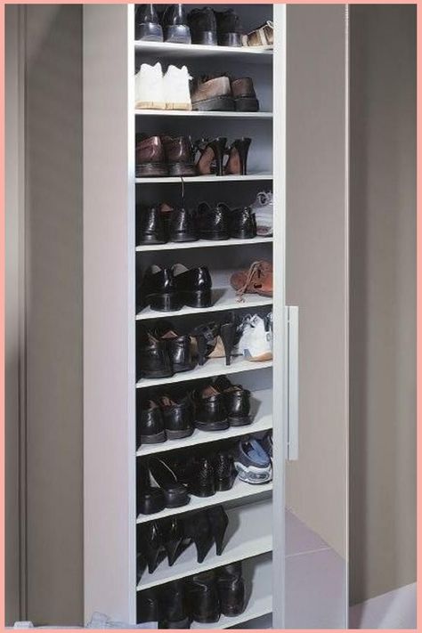 Tall closet with multiple shelves filled with various shoes. Shoe Rack Vintage, Shoe Rack Cabinet Design, Boot Shoe Rack, Shoe Rack For Small Spaces, Black Shoe Rack, Shoe Rack Cabinet, Small Shoe Rack, Modern Shoe Rack, Shoe Rack Bench