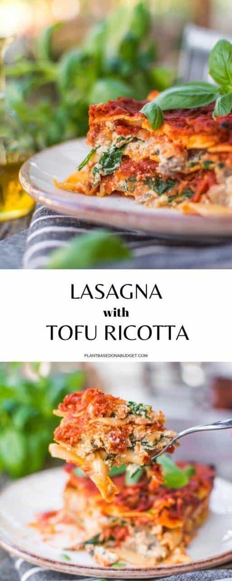 Tofu ricotta makes this lasagna stand out from the crowd. It has beautiful, colorful layers the whole family will love. | Plant-Based on a Budget #vegan #recipe #lasagna #tofu Vegan Spinach Lasagna, Tofu Lasagna, Vegan Lasagna Recipe, Vegetarian Freezer Meals, Cashew Ricotta, Tofu Ricotta, Vegan Spinach, Vegan Ricotta, Vegan Lasagna