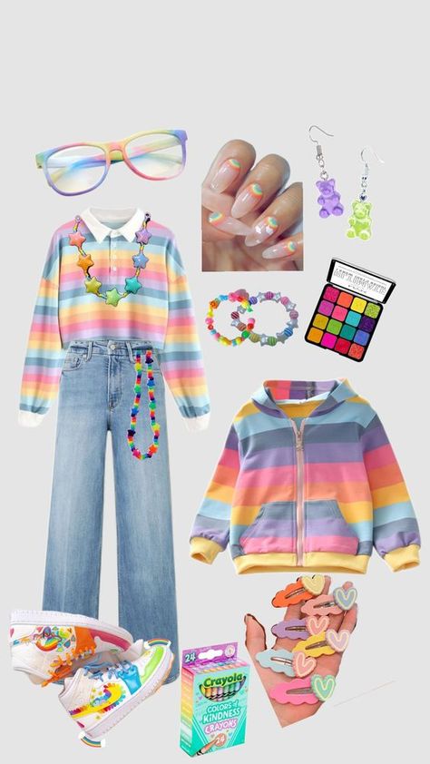 Pastel Kidcore Outfits, Outfit Inspo Shuffles, Kidcore Rainbow, Kidcore Outfit, Pastel Kidcore, Soft Kidcore Aesthetic, Soft Kidcore, Rainbow Outfit, Outfit Aesthetic