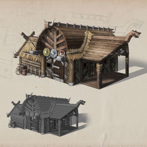 ArtStation - Viking House Concept, Semih Okşit Casa Viking, Viking Hall, Nordic Architecture, Viking House, Viking Village, House Concept, Nordic House, Conference Hall, Medieval Houses