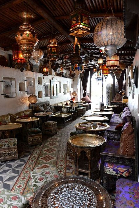 Stunning Moroccan style restaurant interior design. Gorgeous lights and tray tables. Get the look with our collection of authentic Moroccan and global pieces at MIX! Moroccan Restaurant Design, Moroccan Restaurant Interior, Restaurant Design Ideas, Turkish Cafe, Middle Eastern Decor, Moroccan Restaurant, Middle Eastern Restaurant, Turkish Restaurant, Cafe Terrace