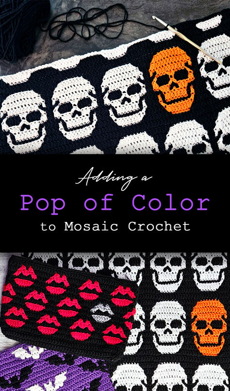 In this video I'll show you how to add a pop of color to your mosaic crochet projects. This is similar to 3-color mosaic crochet, but the difference is you're only using the 3rd color in one small section instead of carrying it all the way across a row. This is an easy technique for adding an unexpected pop of color to any pattern with individual motifs. #mosaiccrochet #learnmosaiccrochet #uniquecrochet #skullcrochet #batcrochet #halloweencrochet #sixeldesign Skull Mosaic Crochet, Halloween Mosaic Crochet, Crochet Mosaic Pattern, Crochet Halloween Hat, Knit Halloween, Crochet Purse Pattern Free, Crochet Skull, Mosaic Crochet, Halloween Crochet Patterns