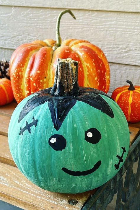 Don't Want The Mess Of Carving A Pumpkin? Try Pumpkin Painting Painted Pumkin Decoration Ideas, Painting Pumkin Ideas Diy Easy, Pumpkin Paintings Easy, Easy Creative Pumpkin Painting Ideas, Frankinstine Pumpkin Painting Ideas, Margarita Pumpkin Painting, Baby Painted Pumpkin, 3d Pumpkin Painting, Candy Corn Pumpkin Painting