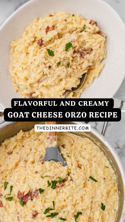 Looking for a unique and delicious recipe that will impress your guests? Look no further! This Flavorful and Creamy GOAT CHEESE ORZO is a game-changer that you don't want to miss. Packed with flavors and a creamy, smooth texture, this dish is guaranteed to leave your taste buds craving more. Don't wait any longer - dive into this scrumptious recipe now. Creamy Vegetarian Recipes, Orzo Recipes Mediterranean, Recipes Using Goat Cheese Dinners, Dinner With Goat Cheese, What To Do With Goat Cheese, Goat Cheese Mac And Cheese, Goat Cheese Dinner Recipes, Soft Goat Cheese Recipes, Goat Cheese Pasta Recipes