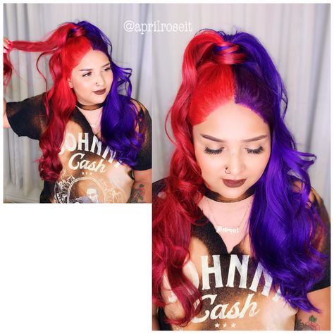 Red and purple hair Vivid Hair Color Split Dye, Purple And Red Hair Half, Half Purple Half Red Hair, Half Red Half Purple Hair Split, Purple Roots Red Hair, Red And Purple Split Dye, Half Pink Half Red Hair, Red And Purple Hair Color Ideas, Red And Violet Hair