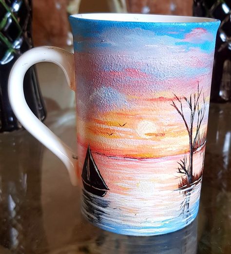 Sunset Mug Paint, Sunset Pottery Painting, Sunset Mug, Mug Painting, A Level Art Sketchbook, Painted Flower Pots, Art And Crafts, Painted Mugs, Painted Flower