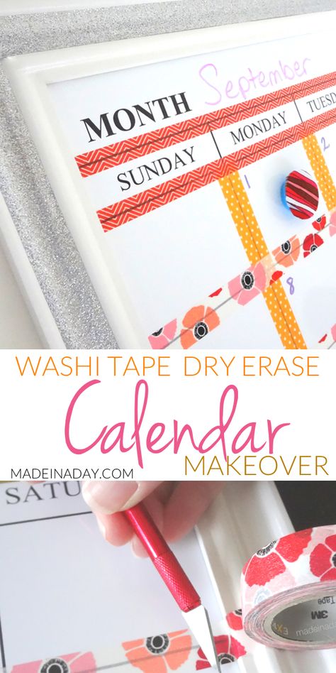 Washi Tape Dry Erase Calendar Makeover, Customize a Dry Erase calendar with Washi Tape! #washitape #calendar #dryerase Desk Calendar Ideas, Diy Calendar Wall, Washi Tape Calendar, Office Desk Calendar, Diy Dry Erase Board, Diy Desk Calendar, Washi Tape Projects, Dry Erase Board Calendar, Make A Calendar