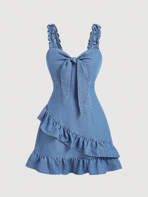 Women Simple Solid Color Twist Ruffle Hem Denim Dress Blue Sexy  Sleeveless Denim Plain Cami Non-Stretch  Women Clothing, size features are:Bust: ,Length: ,Sleeve Length: Color Twist, Sleeveless Denim Dress, Womens Denim Dress, Cute Dress Outfits, Denim Dresses, Really Cute Outfits, Sweet Dress, Cami Dress, Kids Beachwear