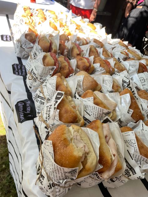 Sandwiches At Wedding, Sandwiches Wrapped In Paper, Sandwich Wrapped In Paper, Sandwiches For Wedding Reception, Salad And Sandwich Bar, Sandwich Display Ideas, Sandwich Wedding Reception, Sandwhich Party, Sandwich Table Display