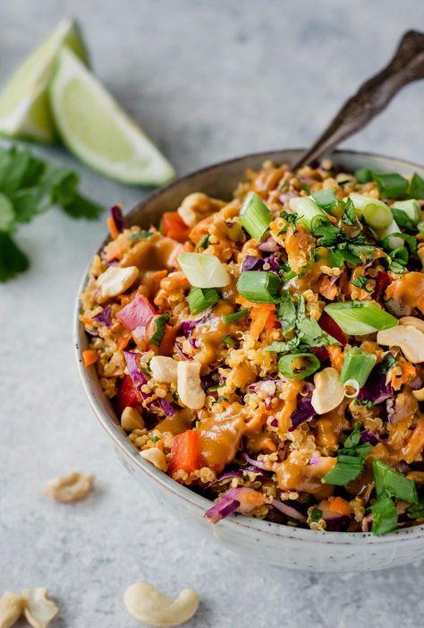 Savor the flavors of this vegan Thai quinoa salad, effortlessly adaptable to be gluten-free and offering a delightful crunch. Ideal for prepping lunches, enjoying at picnics, or sharing at gatherings. Thai Quinoa Salad, Asian Quinoa Salad, Thai Quinoa, Asian Quinoa, Meal Prep Lunches, Rainbow Veggies, Salad Inspiration, Ambitious Kitchen, Salad Toppings