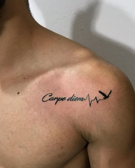 #Tattoos,carpe diem tattoo Tattoo Across Chest, Tattoo Carpe Diem, Tattoo Homme, Tato Dada, Tato Dengan Makna, Tatuagem Masculina Pequena, Small Chest Tattoos, Tattoo Chest, Phrase Tattoos