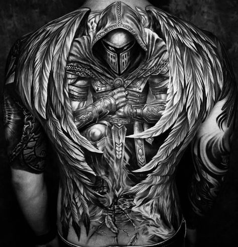 Angel Warrior Tattoo Female, Warrior Tattoo Female, Back Piece Tattoo Men, Angel Warrior Tattoo, Angel Back Tattoo, Angle Tattoo, Warrior Tattoo Sleeve, Archangel Tattoo, Armor Tattoo